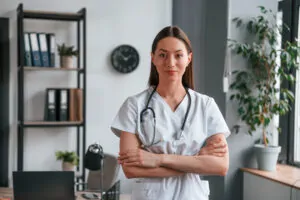 portrait of young beautiful female doctor in white 2023 11 27 05 07 13 utc